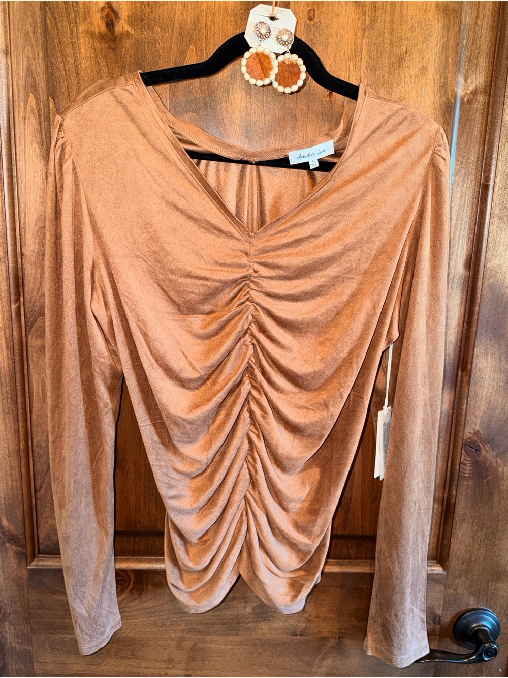 ⭐️ Another Love Ruched Velvet Long Sleeve Top - Toffee, FREE matching earrings!